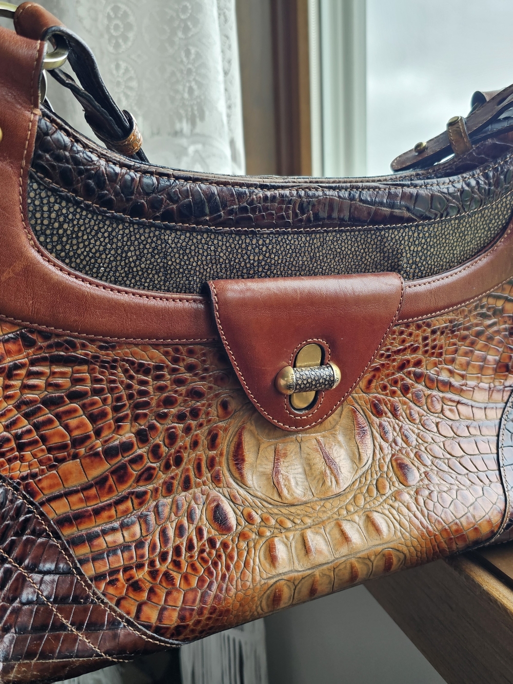 Brahmin Brown Croc-Embossed Leather Shoulder Bag